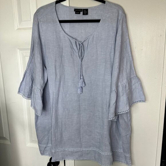 Tahari Linen blue long tunic top shirt ruffle sleeve plus 2x - Picture 1 of 7